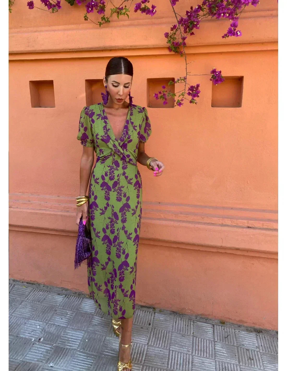 Boho V-Neck Floral Pleated Dress
