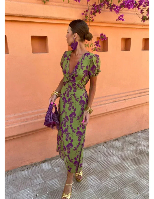 Boho V-Neck Floral Pleated Dress