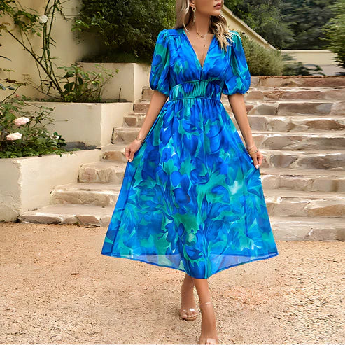 Vintage Glam Lantern Sleeve Midi Dress