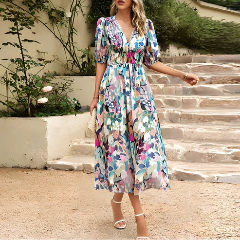 Vintage Glam Lantern Sleeve Midi Dress